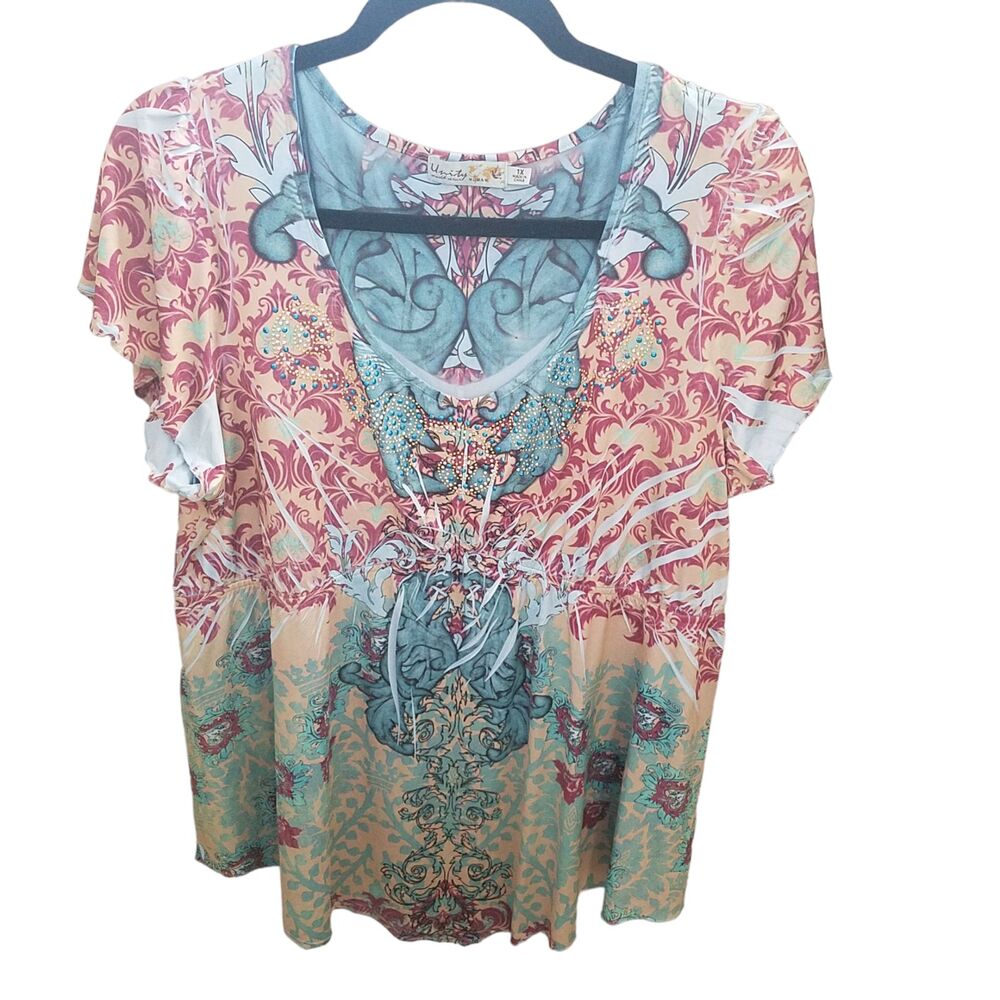 Unity Womens Sz 1X Blue Red Geometric Short Sleeve Blouse